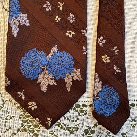 Vintage Gentry Beau Brummell Men's Repp Necktie Brown & Blue Floral Polyester - Picture 2 of 9
